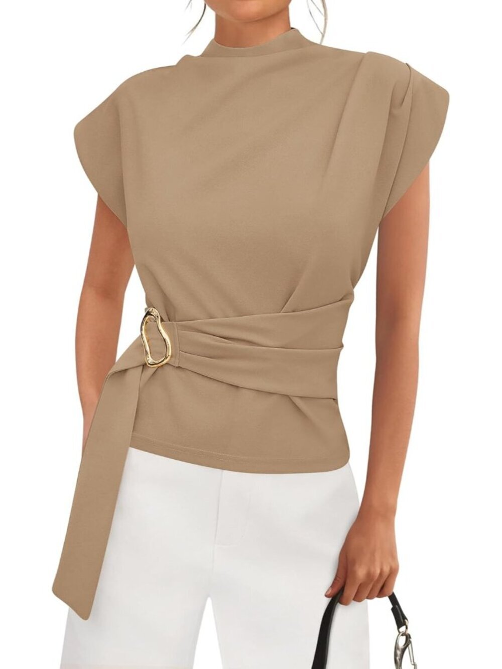 Women's Khaki Cap Sleeve Mock Neck Buckle Tunic Imported Casual Top Shirt